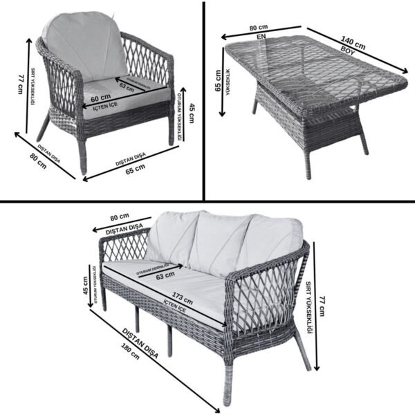 Monalin Mobilya Monalin Home Garden Miami 5 Kişilik(3-1-1-Masa) Rattan Örgü Bahçe & Balkon & Teras Oturma Grubu Minderli & Camlı & Masalı Takım