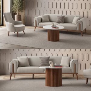 Riva 3+1 Koltuk Takımı Krem Renk Modern Tasarım Ahşap Ayaklı Orta Sert Oturum 224 cm