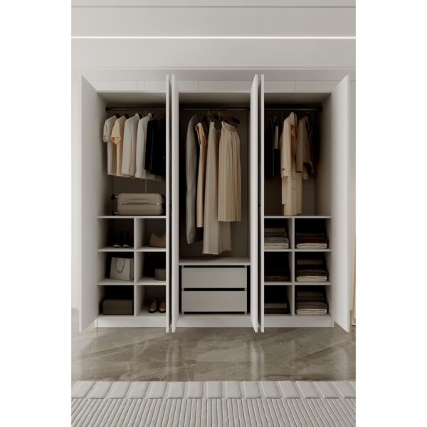 AE-2191 Hisar Beyaz/beyaz Aynalı 6 Kapaklı Çok Bölmeli Askılı ve Raflı Geniş Hacimli Gardırop 210X210 cm