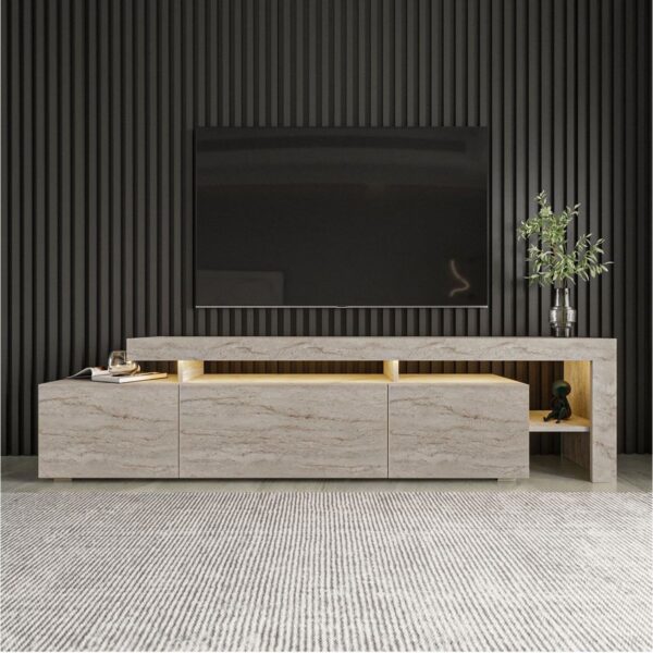 İnarch Dizayn Beliz Modern LED Işıklı 3 Kapaklı, Raflı TV Sehpası – 192 cm, Traverten Mermer Desen
